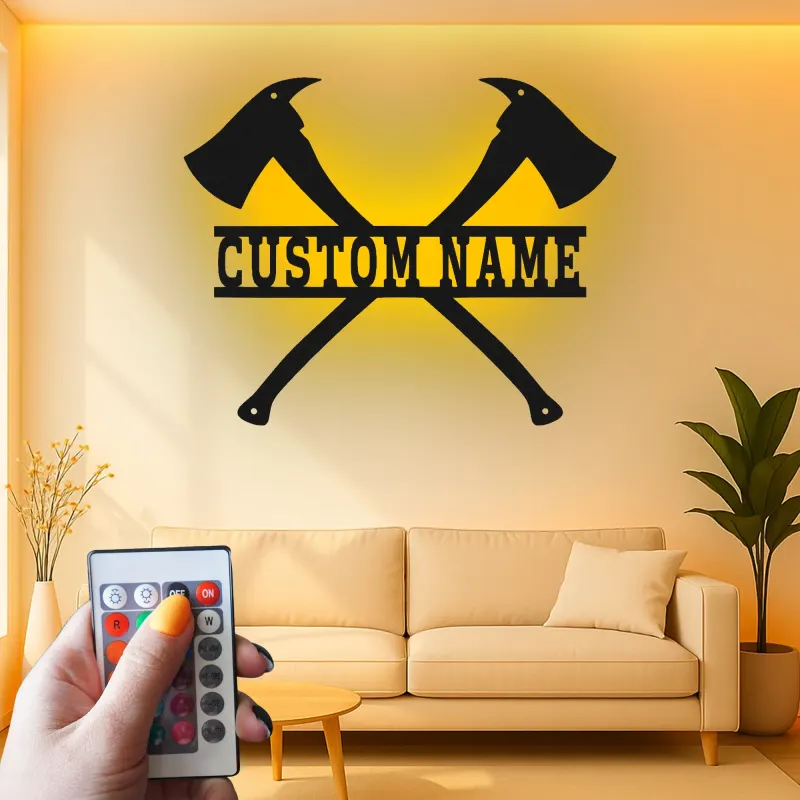Custom Firefighter Axes LED Sign | Personalized Metal Name Art | Fire Station & Man Cave Decor | Fireman Gift