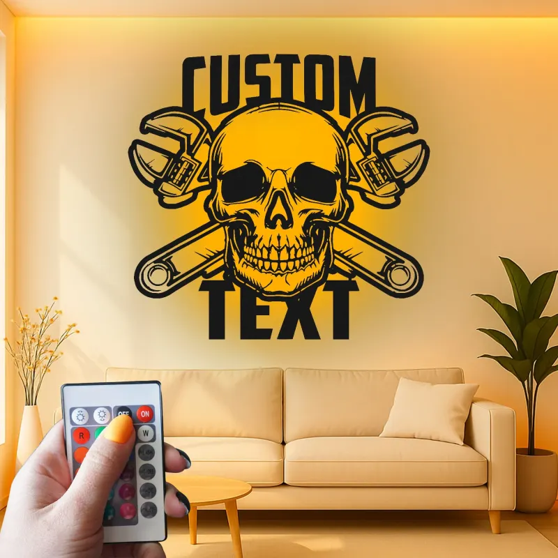 Mechanic Skull LED Sign | Custom Metal Wall Art for Garage | Personalized Man Cave Decor | Biker Bar & Workshop Gift Idea