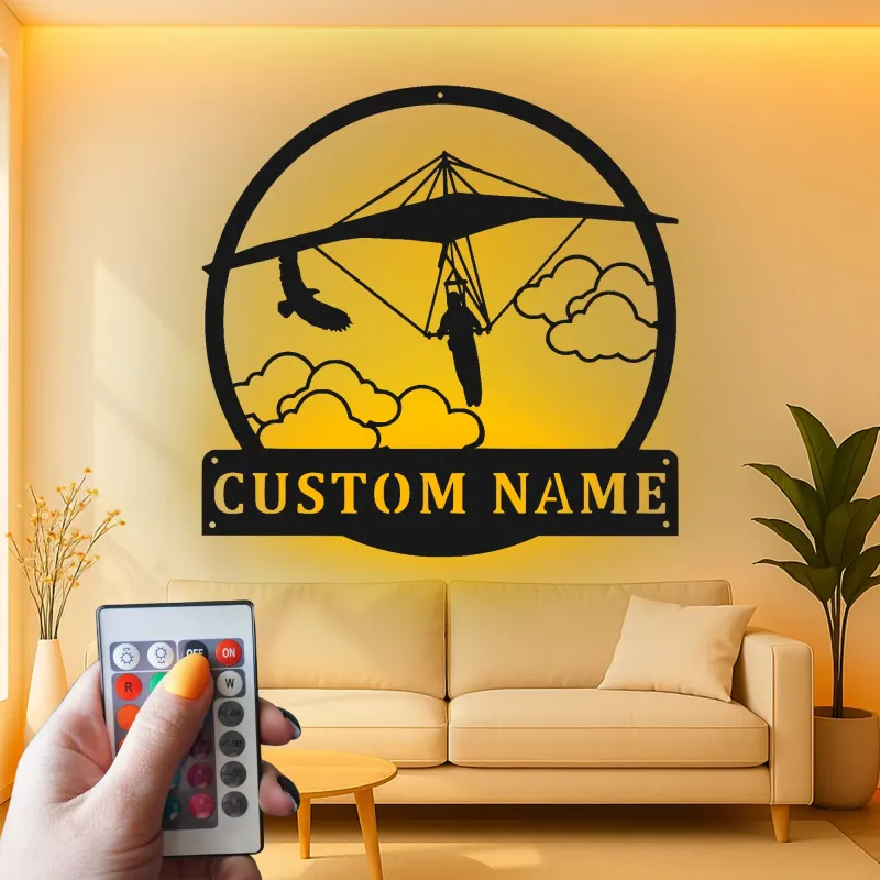 Insegna LED personalizzata con deltaplano | Insegna in metallo personalizzata | Regalo per pilota e arredo sportivo per man cave o ufficio