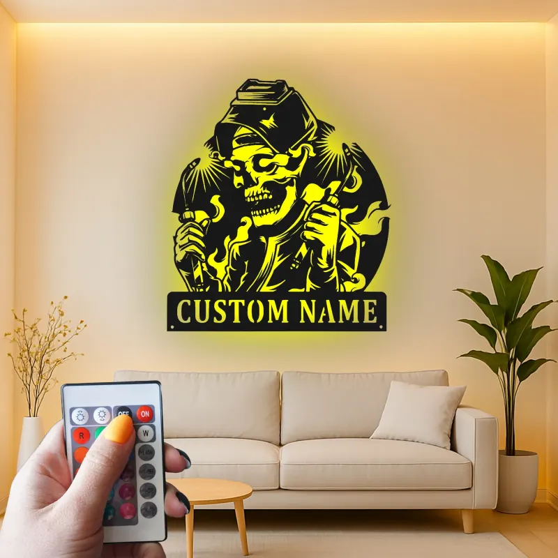 Personalisierte LED-Schädel Metall-Wandkunst – Einzigartiges Geschenk für Schweißer