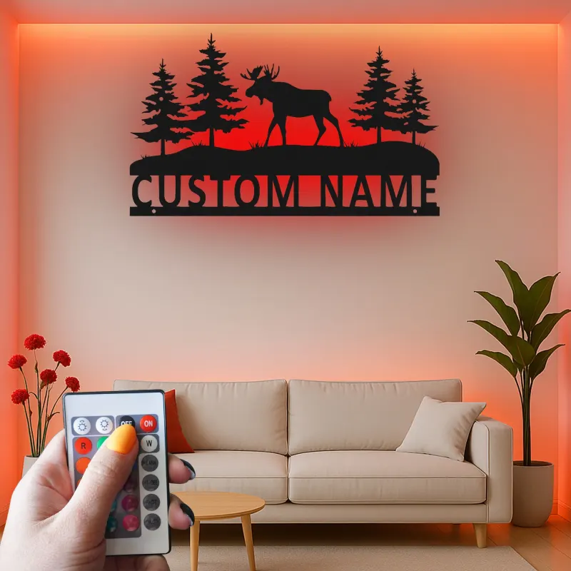 Custom Moose Metal Wall Art | Personalized LED Sign for Cabin Decor | Rustic Forest Scene for Outdoorsman Gift | Backlit Wildlife Art