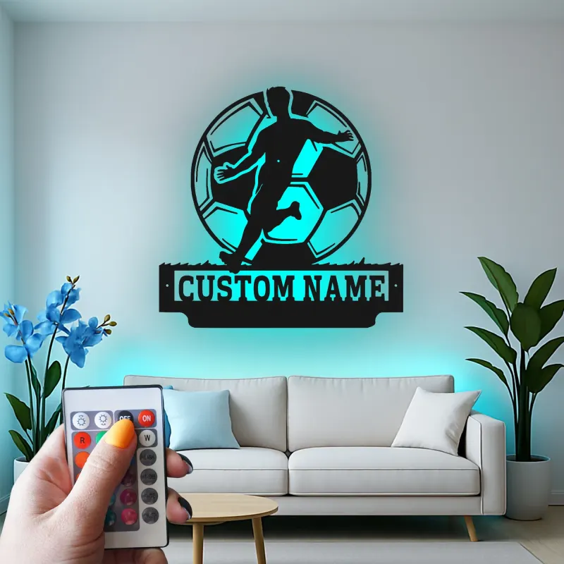Cartel de Metal de Jugador de Fútbol Personalizado | Decoración Mural LED Personalizada | Decoración para Habitaciones de Atletas | Regalo de Fútbol con Nombre