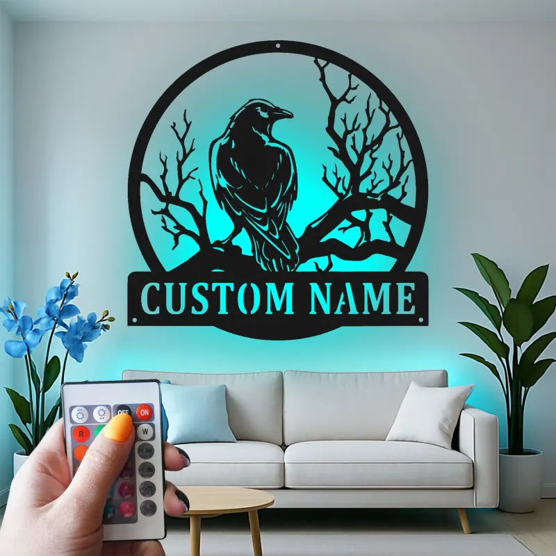 Insegna in metallo Raven | Insegna LED personalizzata per decorazioni gotiche | Regalo per amanti degli uccelli | Decorazione di Halloween per casa e ufficio
