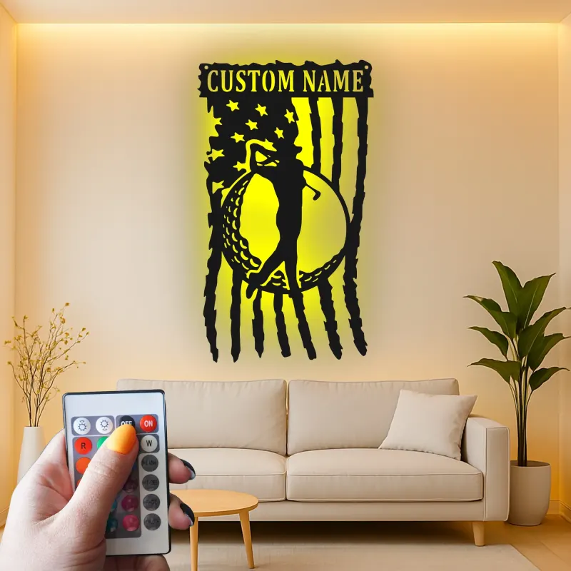 Insegna da golf su misura con LED | Arte murale in metallo con nome del golfista | Decorazione man cave con bandiera americana