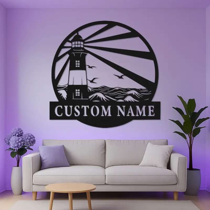 Personalisierte Metalltafel Leuchtturm | LED Strandhaus Dekor | Personalisierte Nautische Wandkunst | Küsten-Ozeanszene