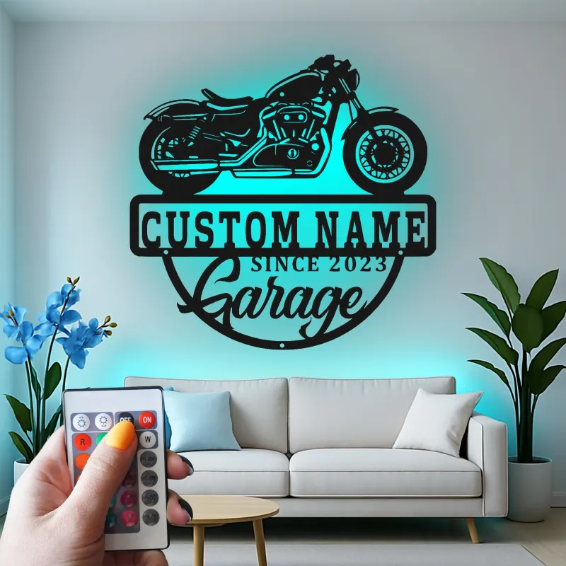 Cartel de metal LED personalizado para garaje de motocicletas, regalo para él, decoración para man cave o garaje 1