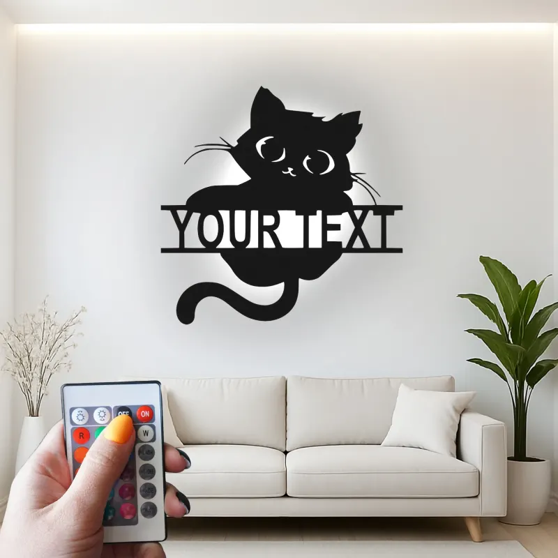 Insegna in metallo personalizzata con silhouette di gatto e luce LED regalo per amanti degli animali decorazione per soggiorno o camera da letto