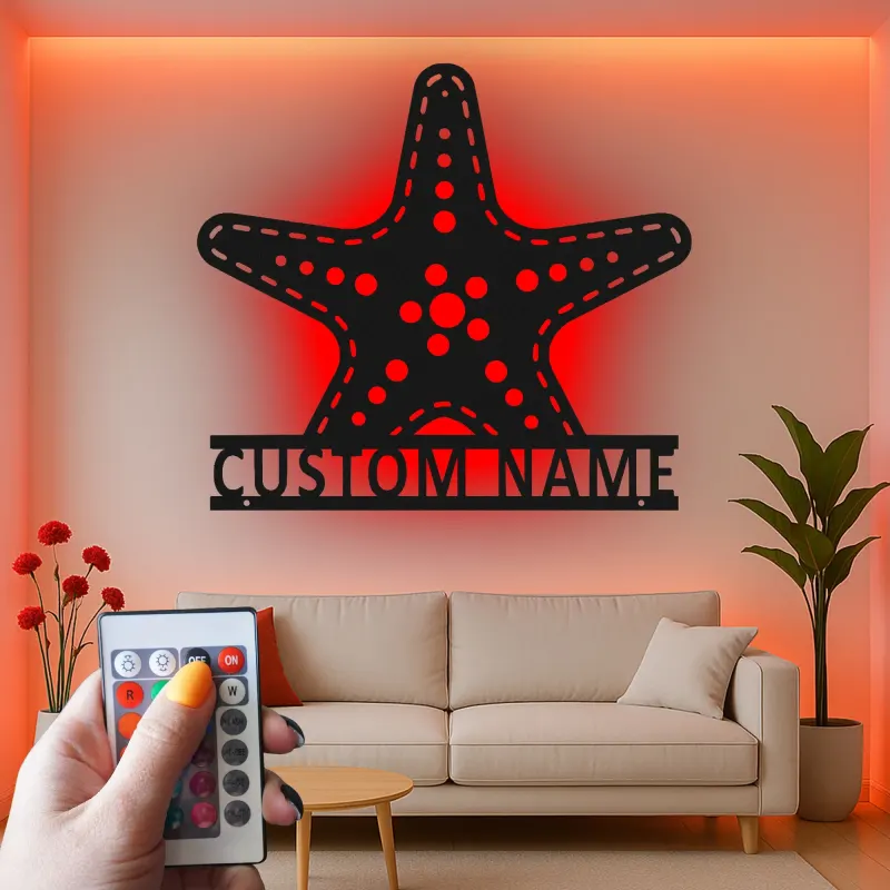 Letrero LED personalizado con estrella de mar | Arte mural de vida marina en metal | Regalo de decoración costera para casa de playa