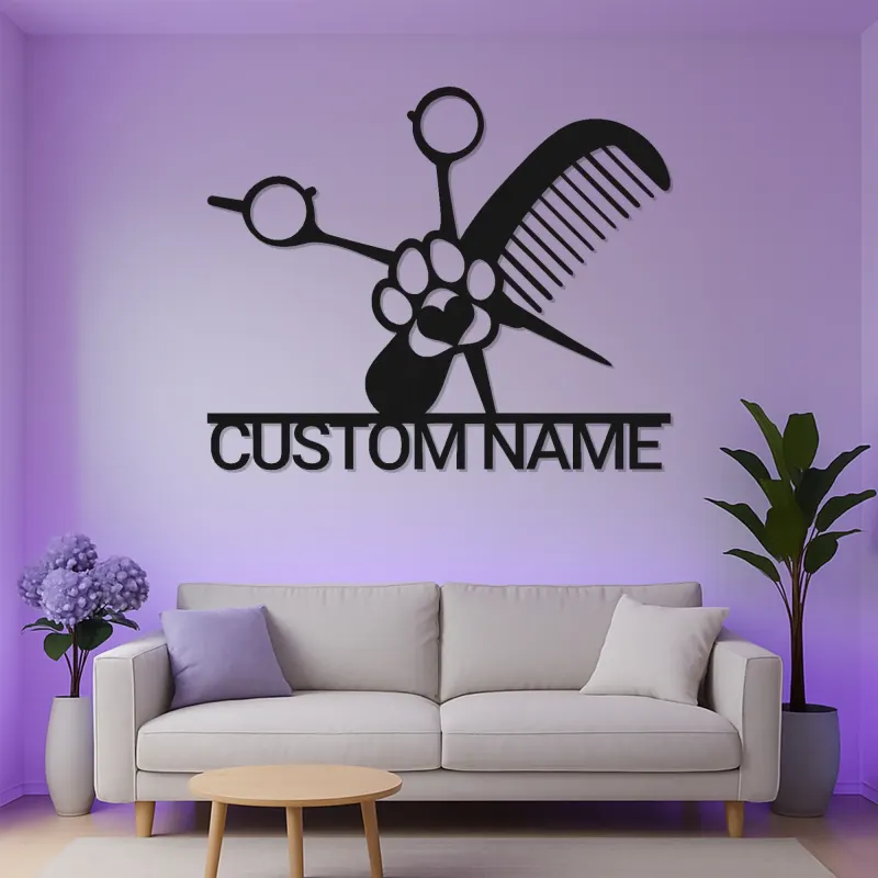 Personalized Pet Groomer Sign | Custom Metal LED Wall Art | Grooming Salon Decor with Name | Scissors & Comb Logo