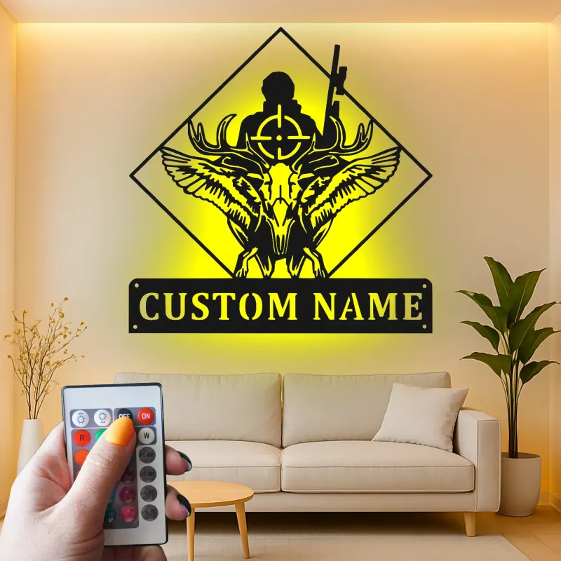 Enseigne LED personnalisée chasseur et crâne de cerf | Décoration murale en métal sur mesure pour chalet | Cadeau de chasse pour homme