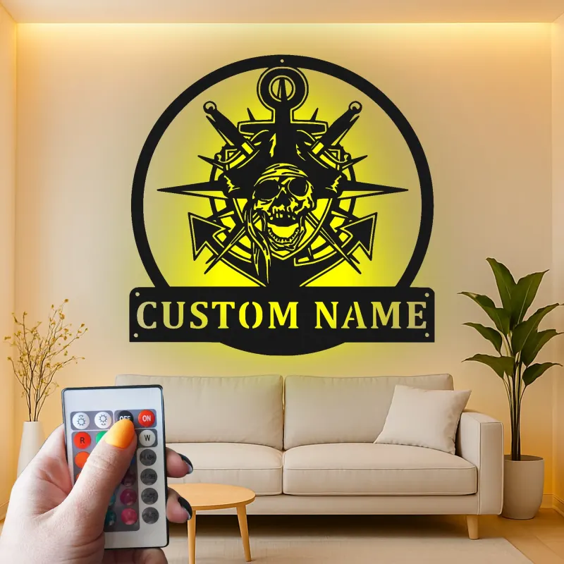 Insegna LED Teschio Pirata con Ancora | Arte Murale Nautica con Nome Personalizzato | Regalo Personalizzato per Marinai per Man Cave e Bar di Casa