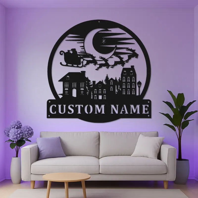 Cartel de metal personalizado de trineo de Santa | Decoración mural navideña LED | Placa de nombre personalizada para hogares y oficinas