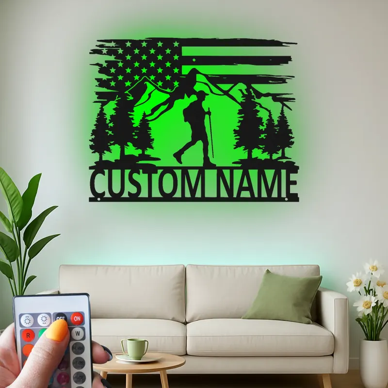 Arte mural de metal personalizado para senderismo | Letrero LED con senderista y bandera de EE. UU. | Regalo para amantes del aire libre