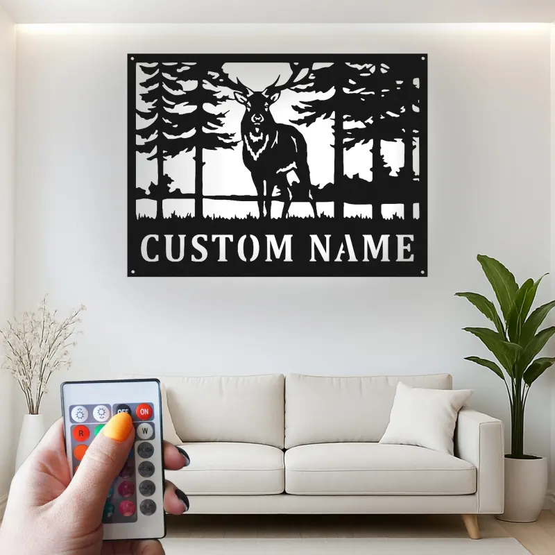 Décoration murale en métal personnalisée avec éclairage LED de forêt de cerfs - Cadeau pour les amoureux de la nature, décoration de chalet ou de pavillon 2