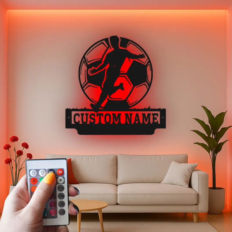 Cartel de Metal de Jugador de Fútbol Personalizado | Decoración Mural LED Personalizada | Decoración para Habitaciones de Atletas | Regalo de Fútbol con Nombre