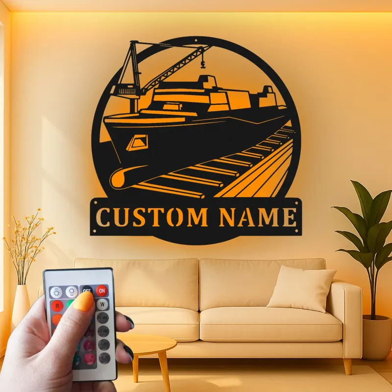 Décoration murale en métal LED personnalisée Grue de chantier - Cadeau nautique pour marins - Décor pour bureau ou cave à vin