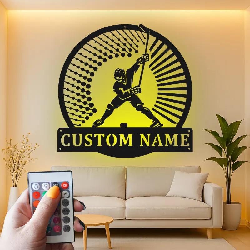 Personalized Hockey Player Sign | LED Metal Wall Art | Custom Name Decor for Game Room | Gift for Athlete