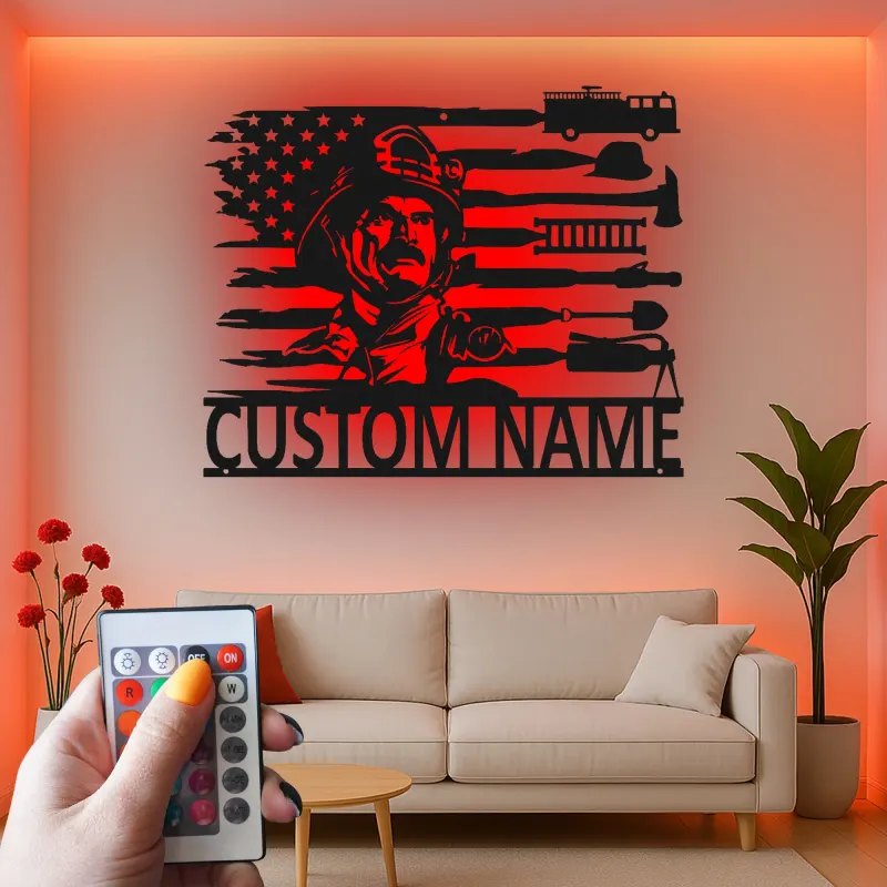 Cartel de Metal de Bombero Personalizado con LED | Arte Mural LED Patriótico de Bandera Americana para Regalo de Bombero