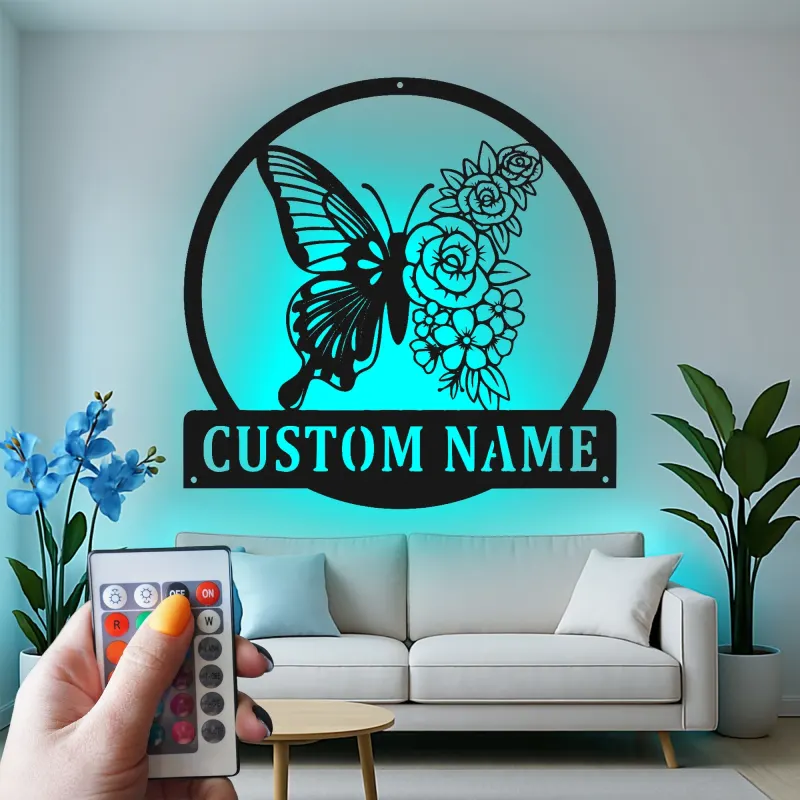 Décoration murale en métal personnalisée Papillon et Fleurs avec Rétroéclairage LED Cadeau pour Amateurs de Jardin Décor de Chambre ou de Patio