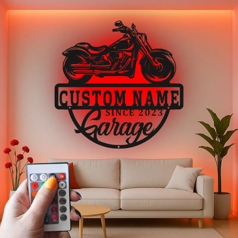 Cartel de moto LED personalizado | Decoración mural de metal para garaje | Regalo personalizado para moteros | Decoración para man cave iluminada