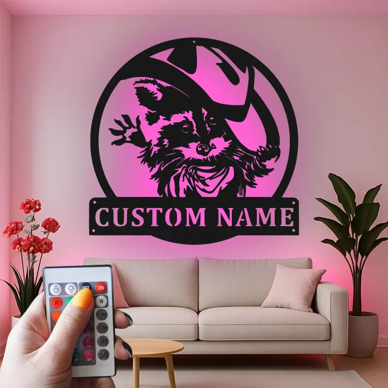 Décoration murale en métal personnalisée Raton laveur cowboy avec rétroéclairage