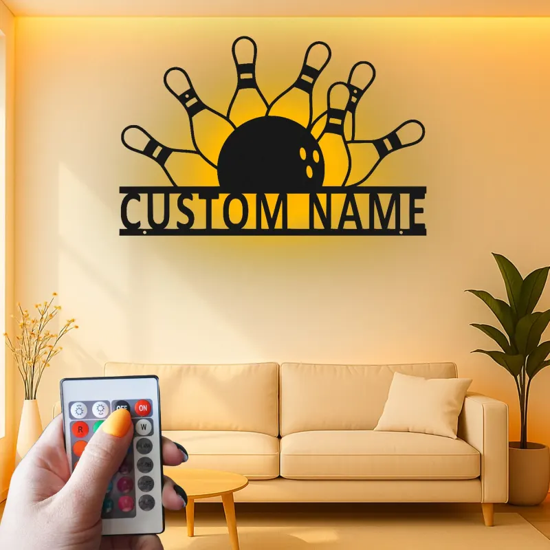 Personalisierte LED-beleuchtete Metall-Wandkunst mit Bowlingkegeln und Ball – Geschenk für Bowlingspieler und Spielzimmer-Dekor