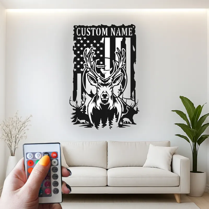 Cartel de metal personalizado con ciervo y bandera americana con luz LED, regalo para cazadores, decoración rústica para cabañas