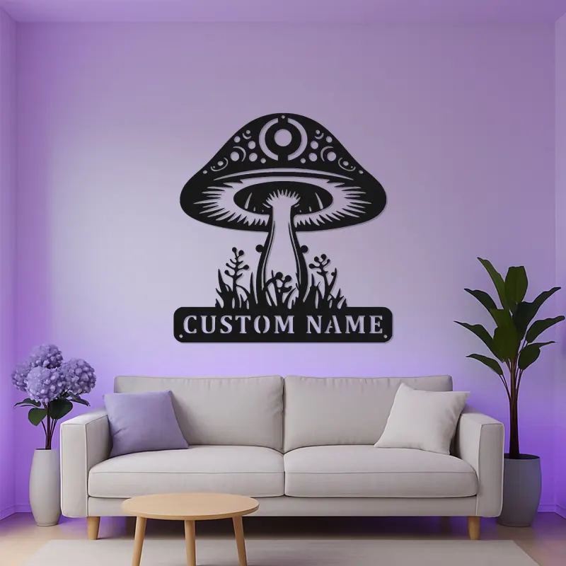 Insegna LED Personalizzata con Fungo | Targa in Metallo Personalizzata | Arte Murale Mistica Boho per Camera da Letto, Studio e Amanti della Natura