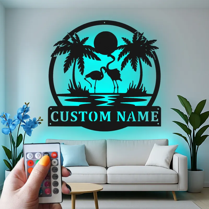 Insegna LED in metallo con fenicottero | Arte murale tropicale personalizzata | Decorazione su misura per patio e bordo piscina | Regalo per casa al mare