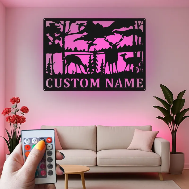Décoration murale en métal personnalisée avec éclairage LED de forêt de cerfs - Cadeau pour les amoureux de la nature, décoration de chalet ou de pavillon