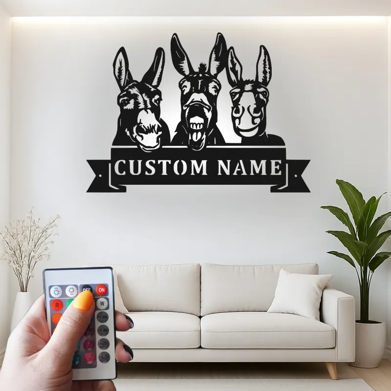 Insegna in metallo LED Donkey Trio Personalizzata Regalo per Fattoria Decorazione Casa Rustica