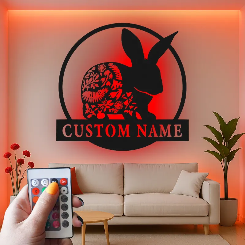 Personalized Bunny Name Sign | LED Metal Wall Art for Nursery | Boho Floral Rabbit Decor | Custom Kids Room Light & Animal Lover Gift
