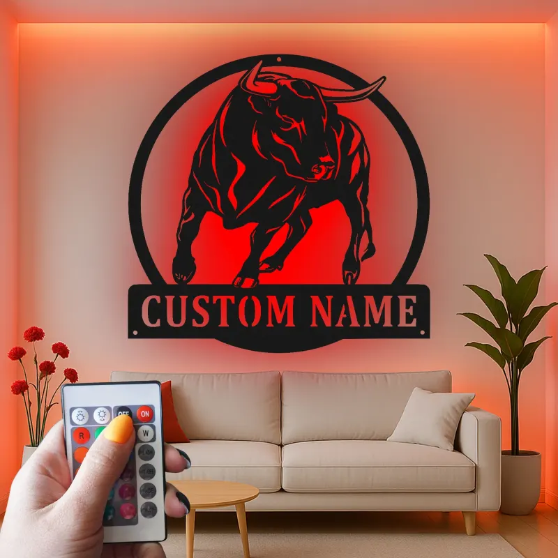 Décoration murale en métal personnalisée avec éclairage LED de taureau - Cadeau pour éleveurs - Décor de ferme rustique