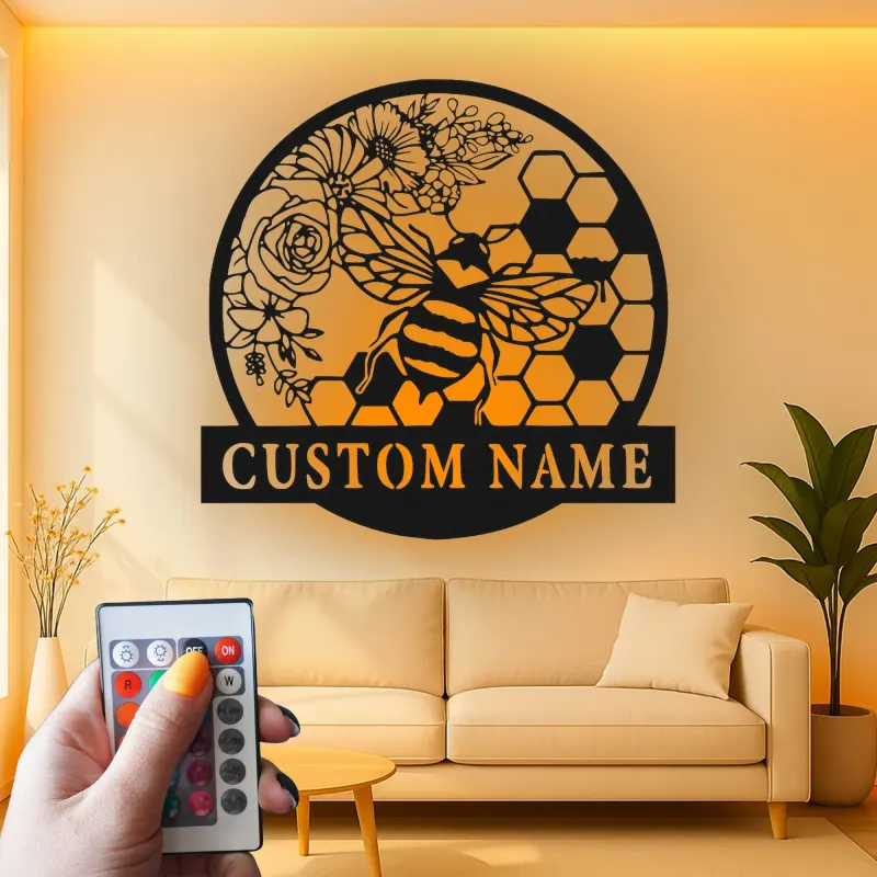 Custom Bee and Flowers Led Light Metal Wall Art Personalized Gift for Nature Lovers Garden or Living Room Decor