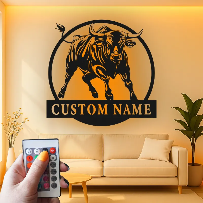 Insegna in metallo personalizzata con luce LED a forma di toro, regalo per lui, decorazione rustica per il ranch