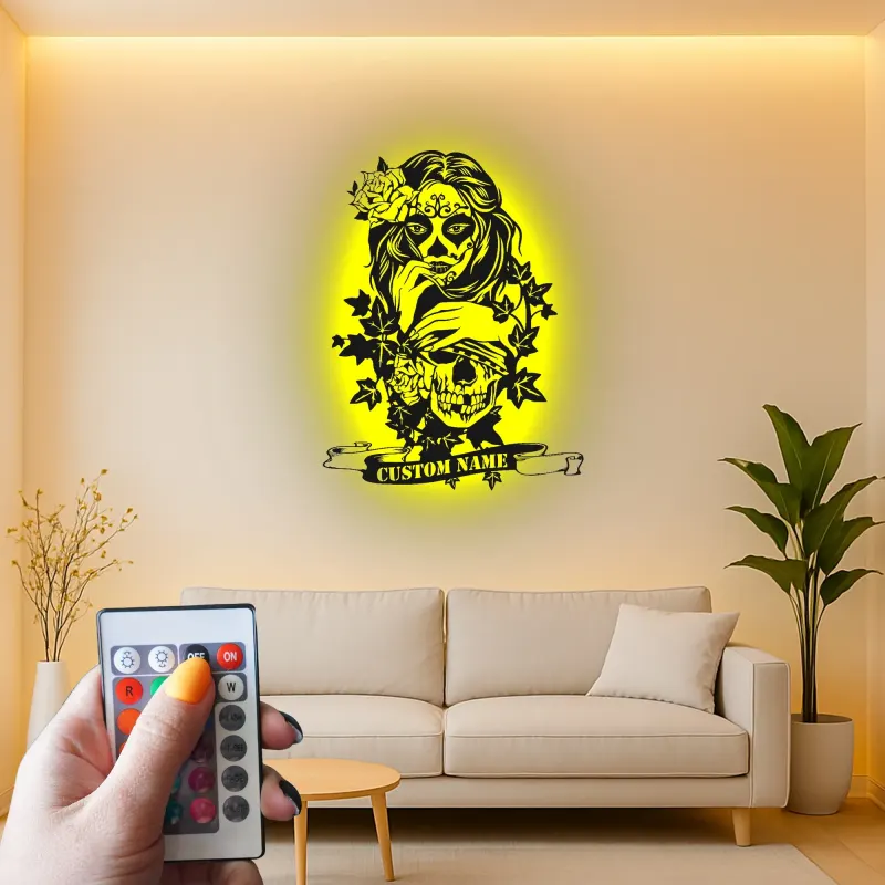 Sugar Skull LED Metal Sign | Personalized Gothic Wall Art | Custom Name Decor for Tattoo Studio & Salon