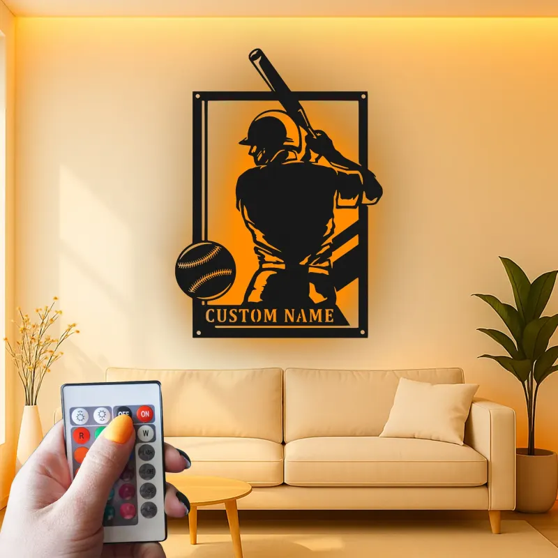 Custom Baseball Player Led Light Metal Wall Art Personalized Sports Gift for Athletes Game Room Decor 1