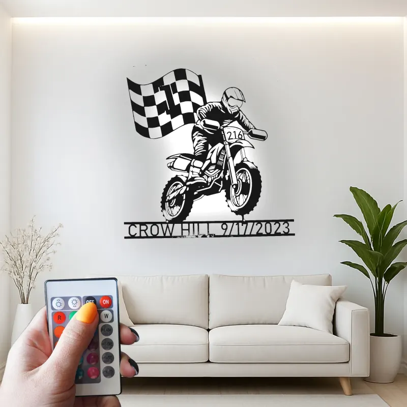 Panneau LED Motocross Personnalisé | Décoration Murale en Métal sur Mesure | Nom et Numéro du Pilote | Décor de Garage Sportif