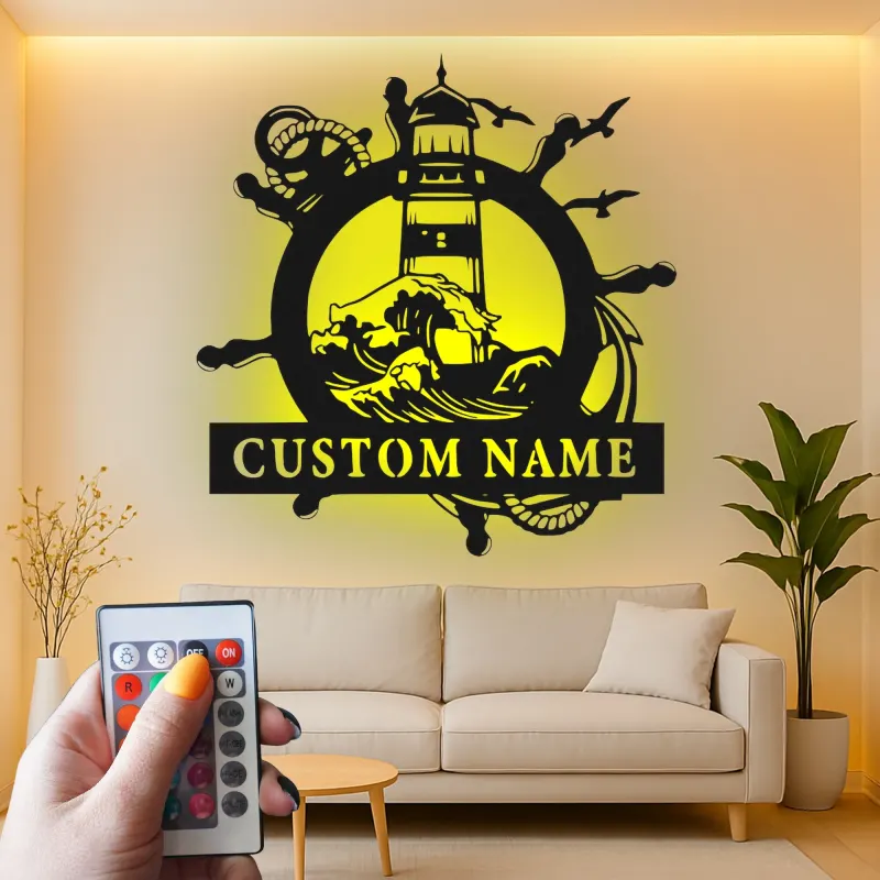 Insegna in metallo personalizzata Faro | Arte murale nautica LED | Decorazione per casa al mare personalizzata | Regalo per marinai e accento per casa costiera