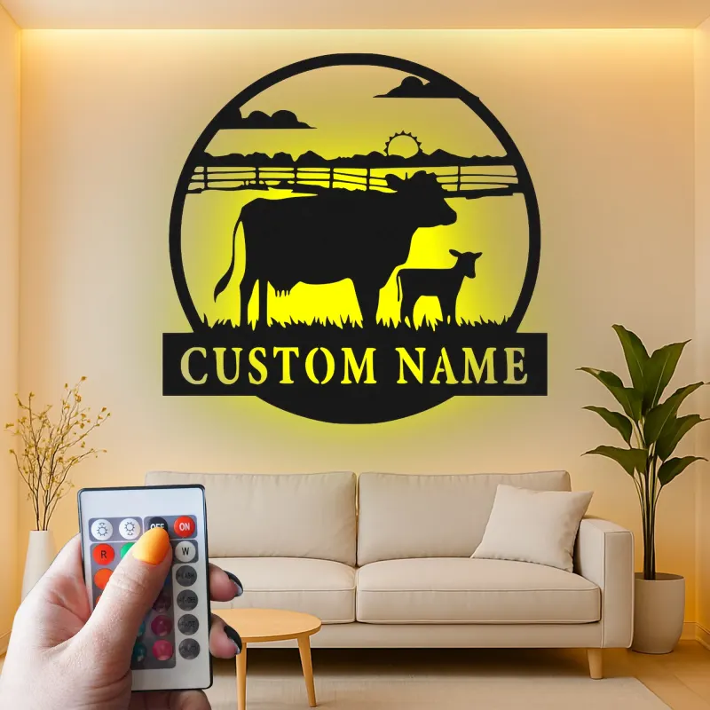 Décoration murale en métal personnalisée avec vache et veau en rétroéclairage - Cadeau pour agriculteurs - Décor de grange rustique