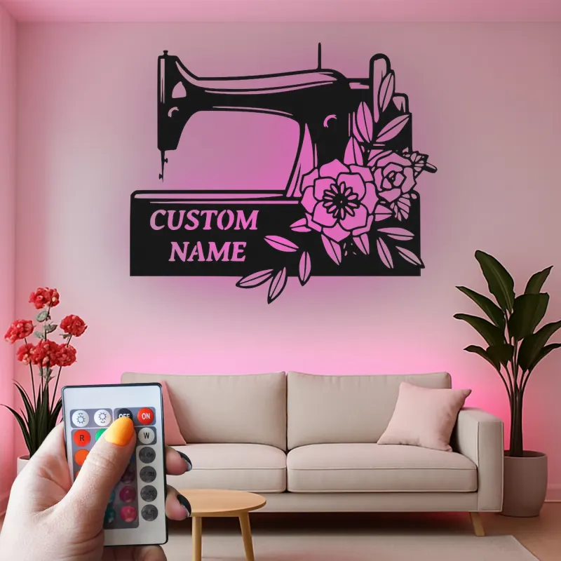 Cartel de máquina de coser personalizado | Decoración mural de metal LED personalizada | Decoración para el cuarto de costura