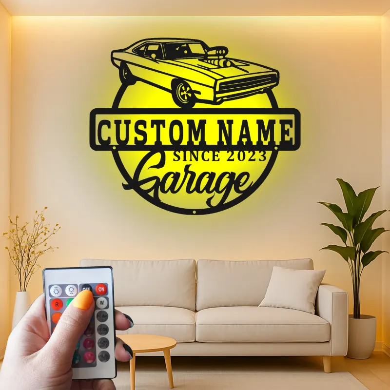 Personalisierte Muscle Car Schild | LED Metall-Wandkunst | Vintage Garagen Dekor | Individuelles Man Cave Geschenk | Lasergeschnittene Autoschilder