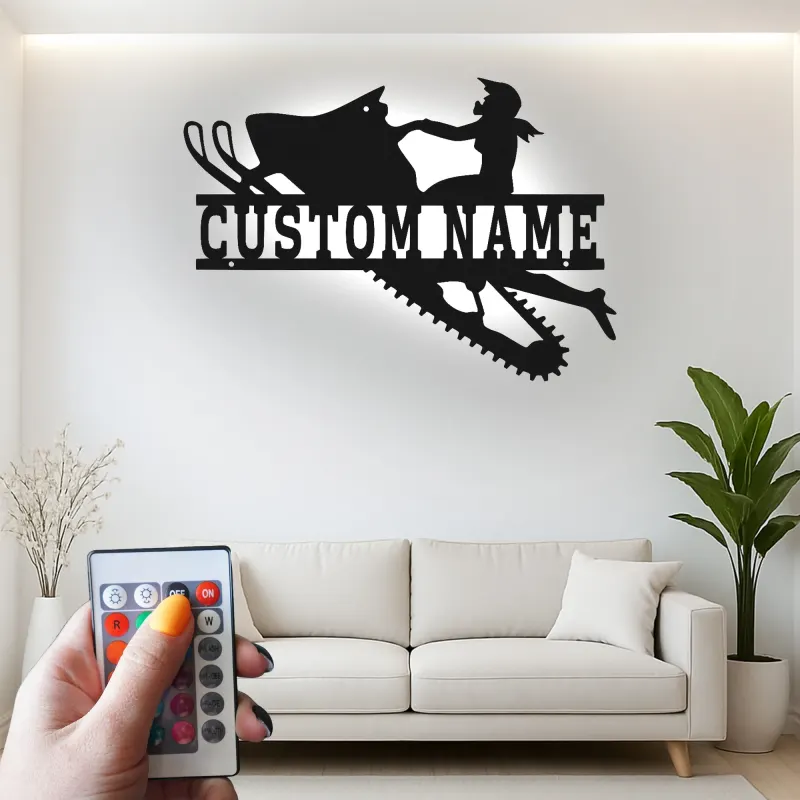 Personalisierte LED-Beleuchtung Metall-Wandkunst für Schneemobilfahrer – Geschenk für Schneemobil-Enthusiasten, Garage oder Hüttendekoration