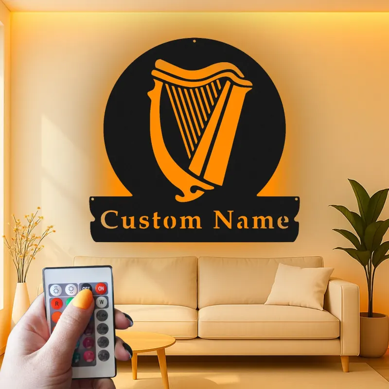 Insegna LED personalizzata con arpa | Insegna in metallo su misura per pub e home bar | Regalo retroilluminato per musicisti | Decorazione per strumento irlandese