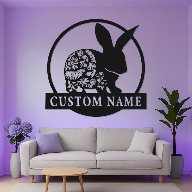 Personalized Bunny Name Sign | LED Metal Wall Art for Nursery | Boho Floral Rabbit Decor | Custom Kids Room Light & Animal Lover Gift