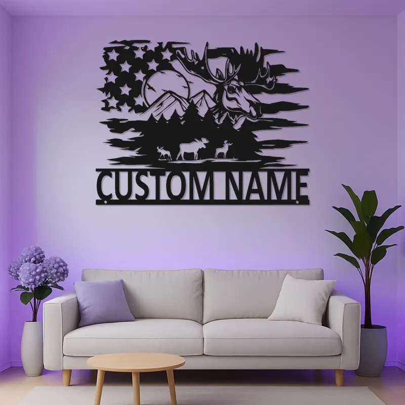 Personalisierte Elchfamilie Metall-Schild | Rustikale LED-Wandkunst für Kabine & Lodge | Individuelle Namens Berg-Deko
