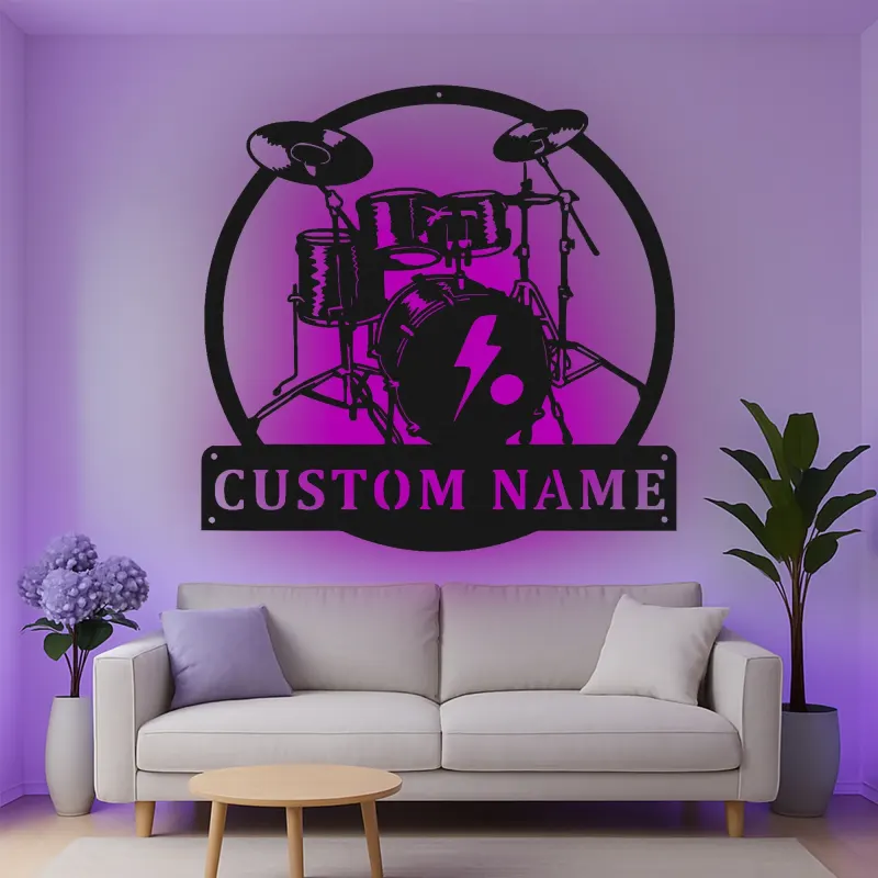 Insegna in metallo LED a forma di set di tamburi personalizzata Regalo per musicisti Decorazione per studio musicale o camera da letto