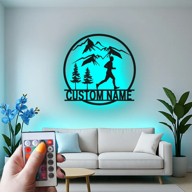 Custom Trail Runner Metal Art | Personalized LED Sign for Mountain Runner | Hiking & Outdoor Wall Decor Gift