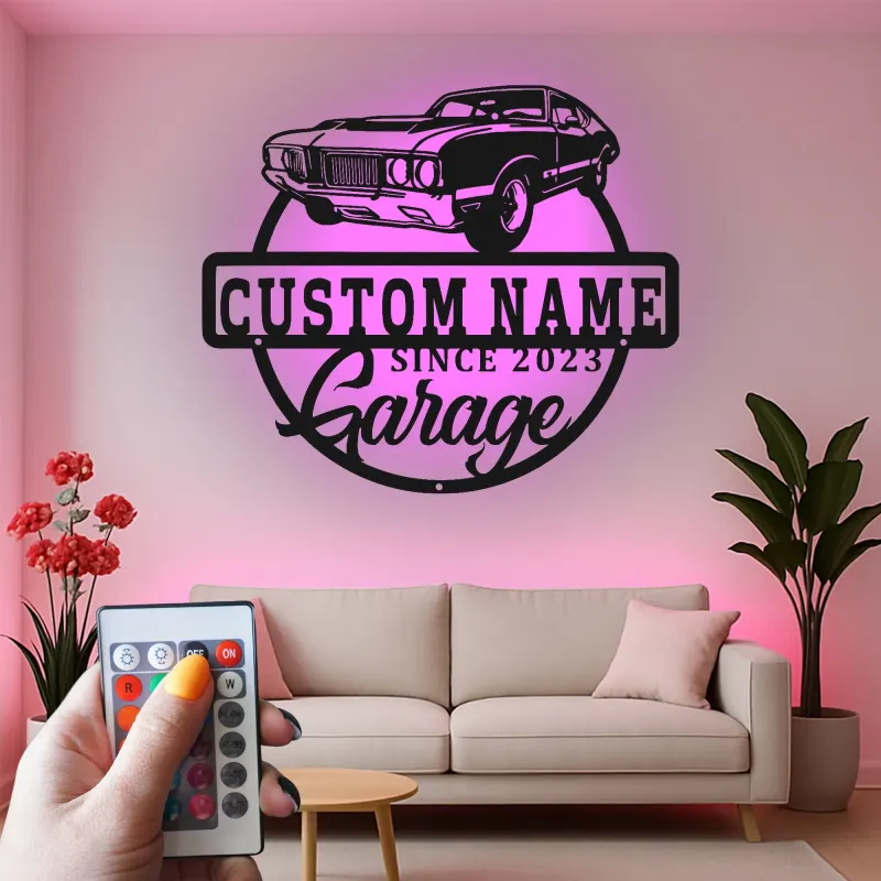 Insegna in metallo personalizzata con luce LED per auto classiche - Regalo per lui, decorazione automobilistica per man cave