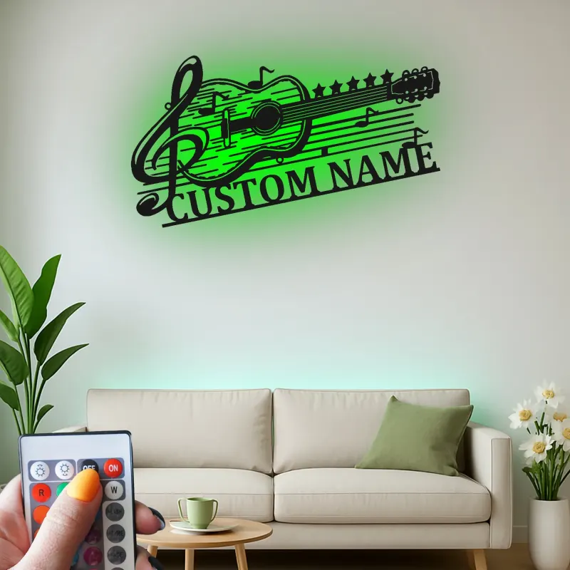 Personalized Guitar Metal Sign with LED | Custom Music Notes Wall Art | Musician Name Plate for Studio Decor